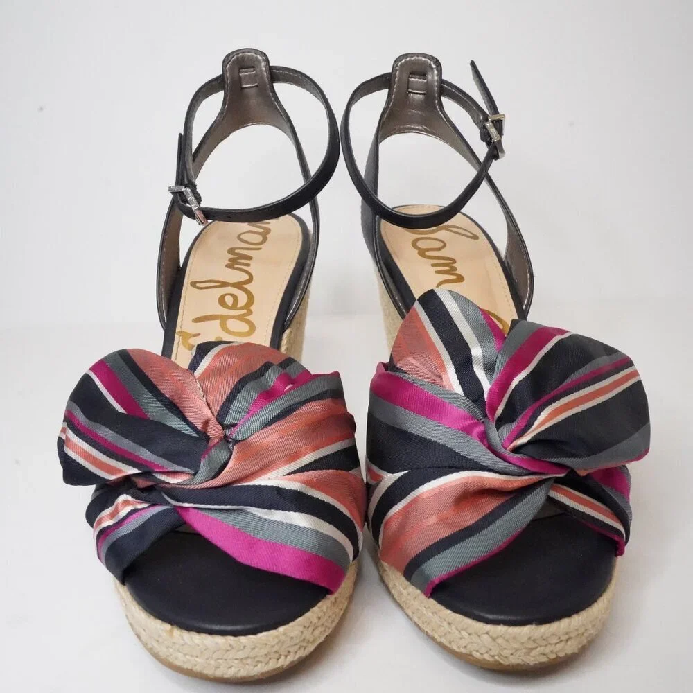 Sam Edelman, Aubrey Espadrille Wedge Striped Bow‎ Sandal, Navy, Pink, Tan